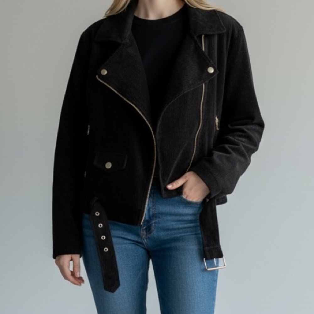 NEW• Atelier Black Corduroy Women's Moto Jacket with Belt & Gold Zippers•2X
